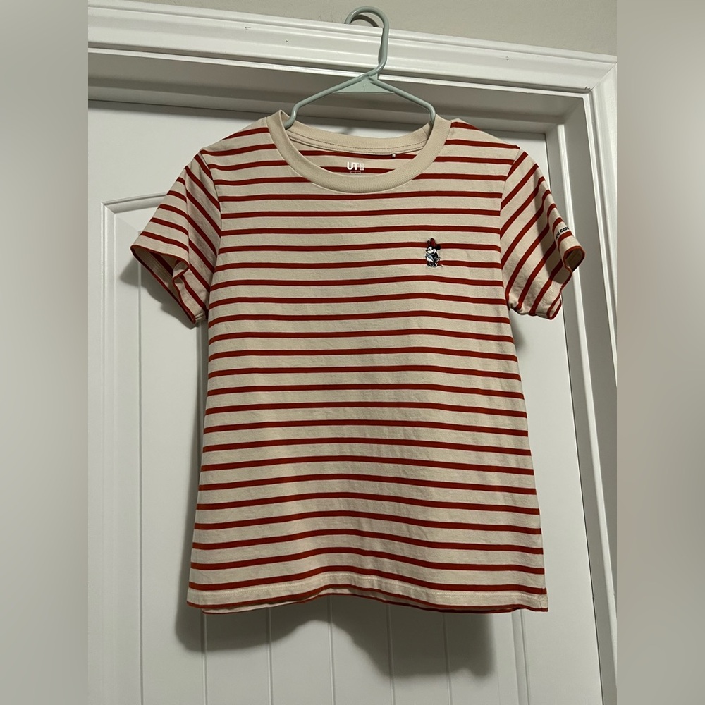 Uniqlo Cream and Red Striped Short Sleeve Tee